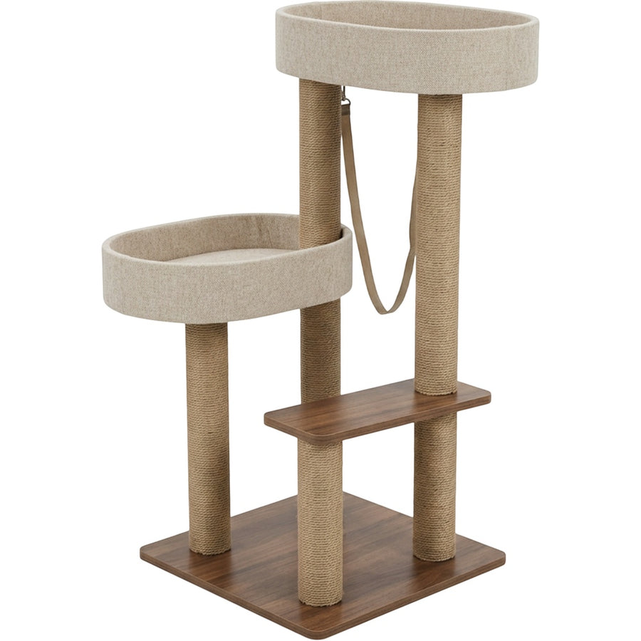 Wjmrf Square Base Twin Bowl Cat Tree Walnut Oatmeal 105 cm