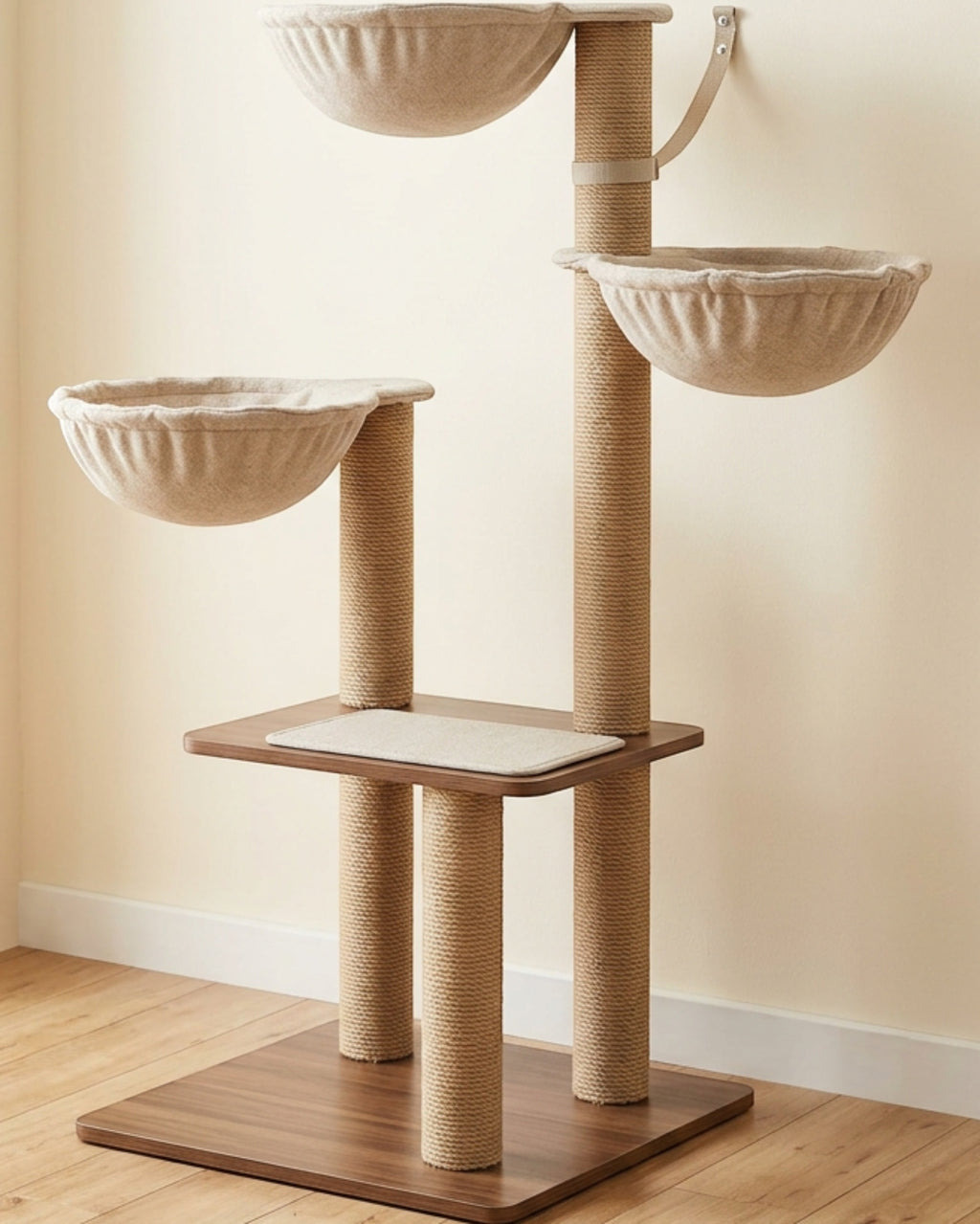 Wjmrf Square Base Twin Bowl Cat Tree Walnut Oatmeal 105 cm - Lifestyle view